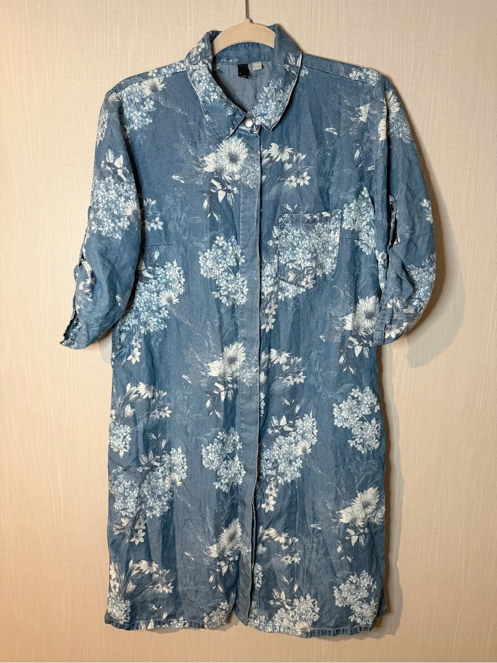 Kut From The Kloth Floral Print Chambray Mini Shift Shirt Dress Medium
